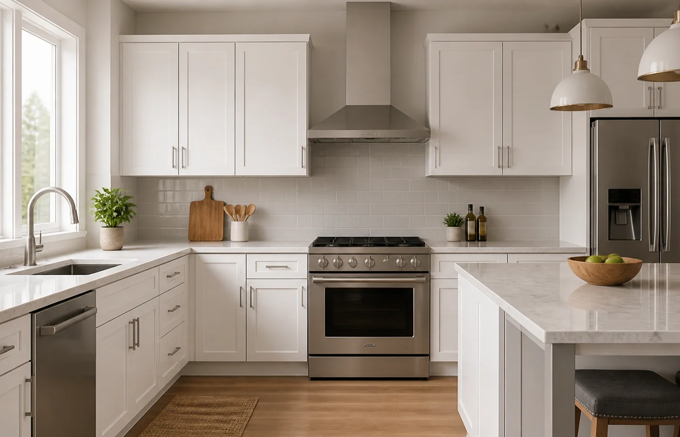 AI prompt edit before and after changing cabinet color in the same kitchen before