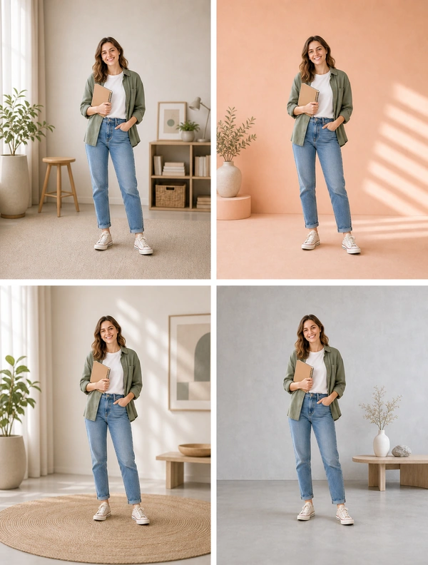Portrait transparent PNG reused across multiple creative backgrounds