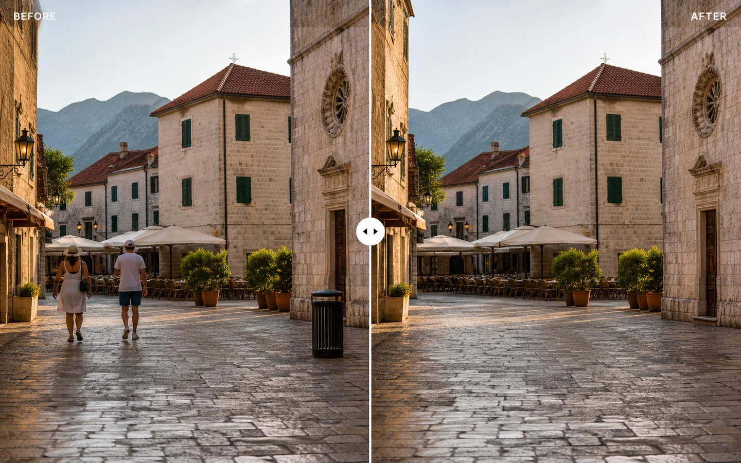 Travel photo before and after removing people with AI Magic Eraser