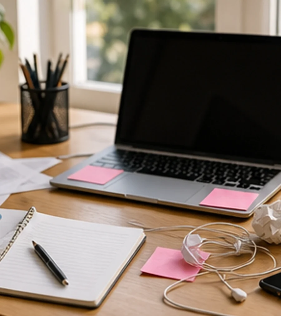 Workspace photo before AI removes clutter