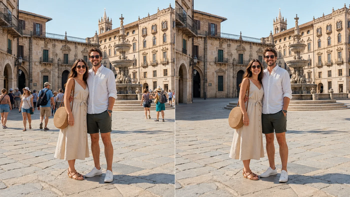 AI people remover before and after removing tourists from a travel photo