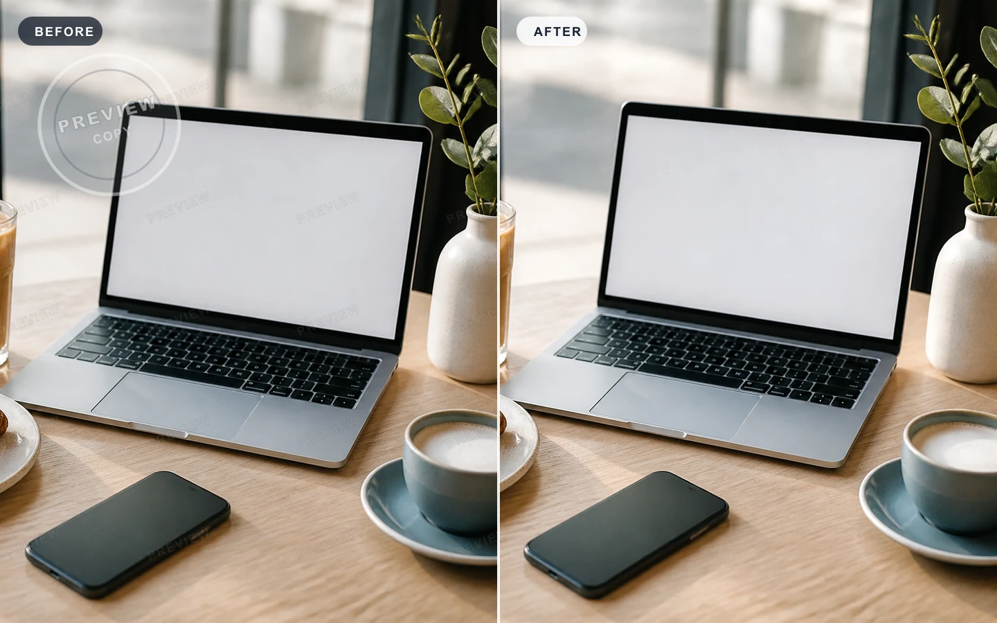 Before and after removing watermark from photo online