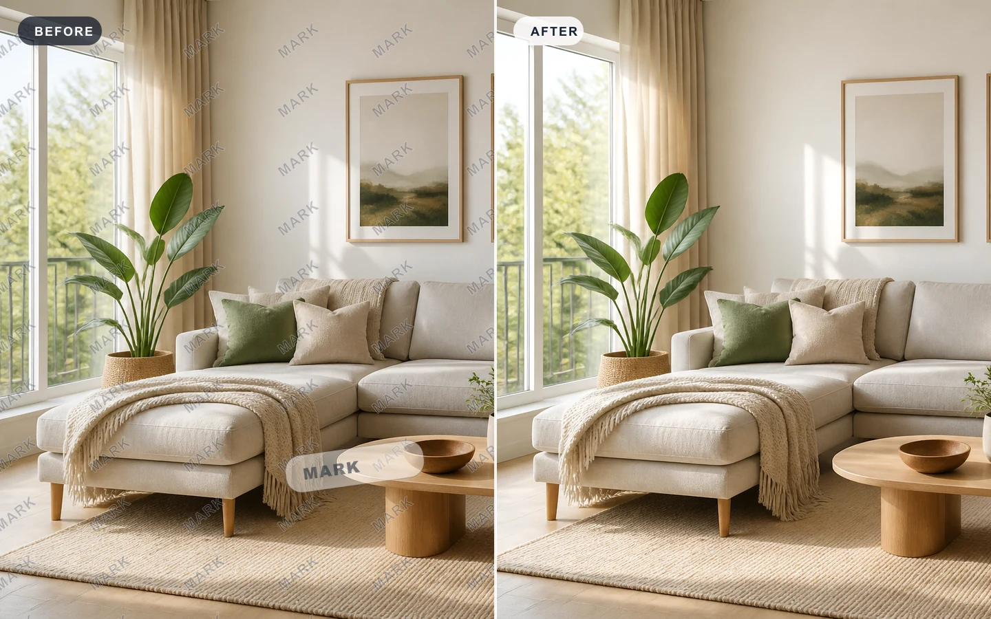 Before and after removing low contrast watermark from photo