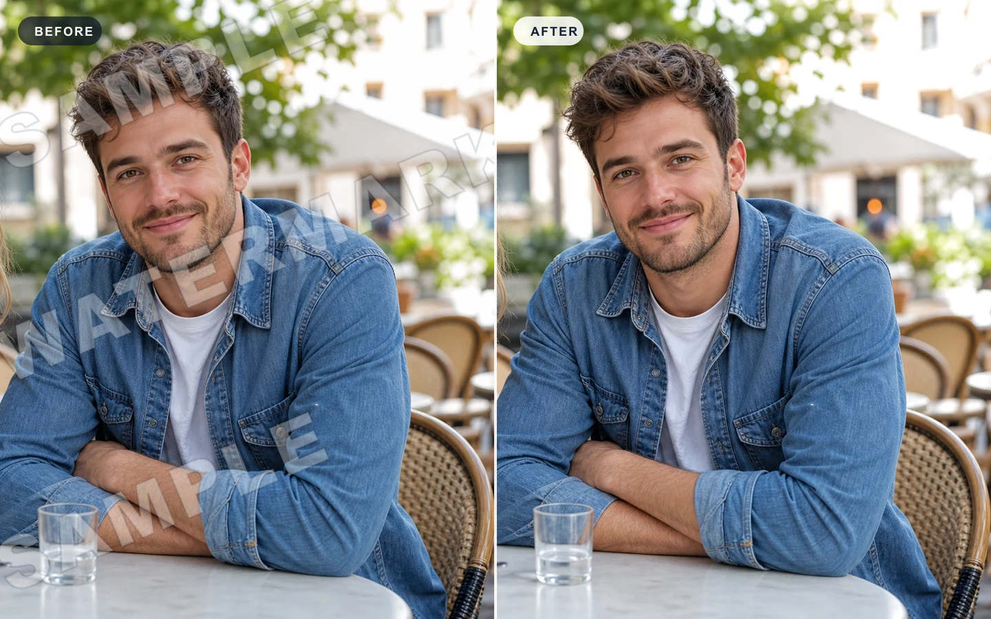 Before and after removing watermarks from photos with AI