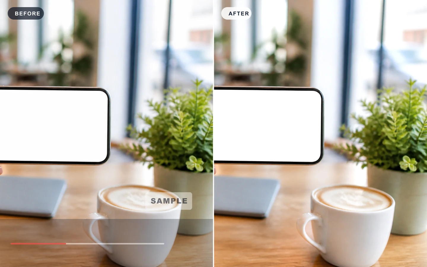 Before and after removing text watermark from photo